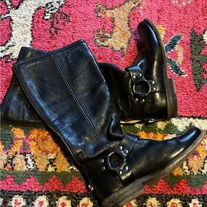 Frye Black Leather Mid-Calf Buckle Boots